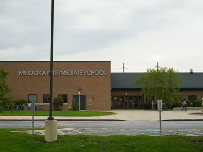 Front entrance of red brick school 